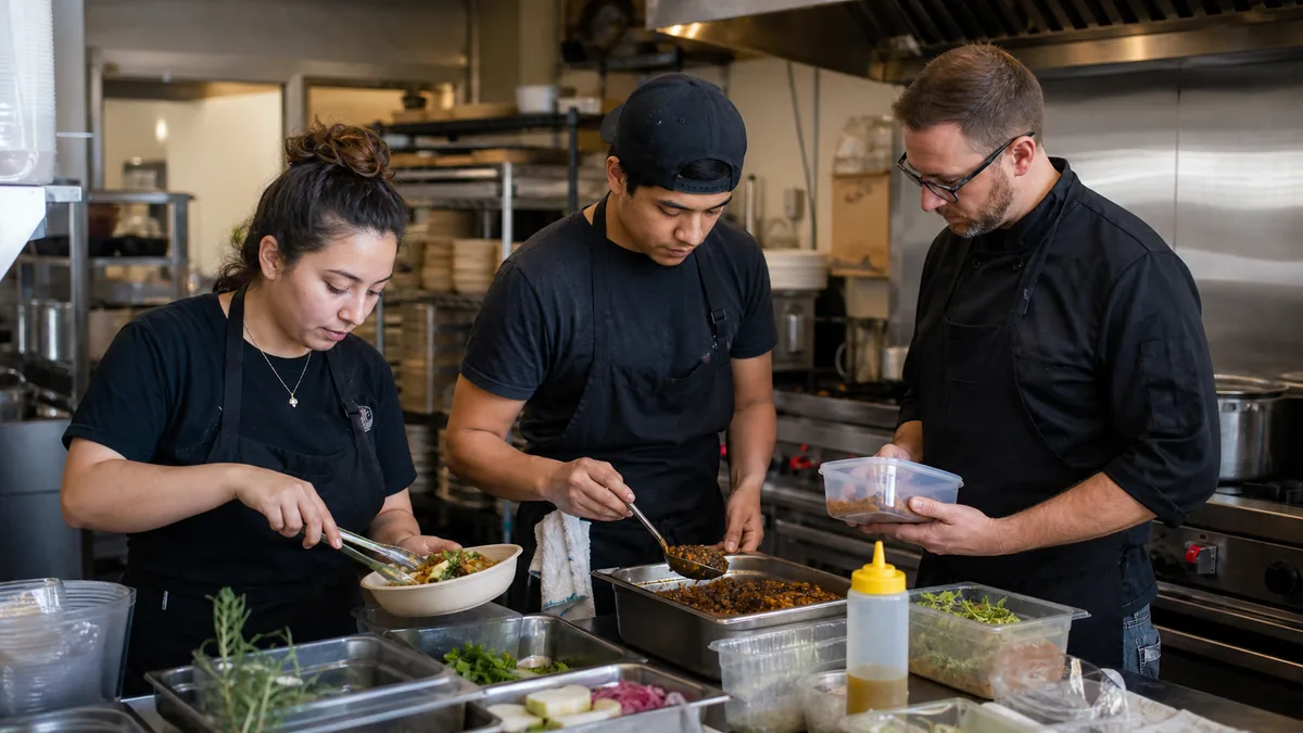 Restaurant employees portioning staff meals consistently with a supervisor nearby