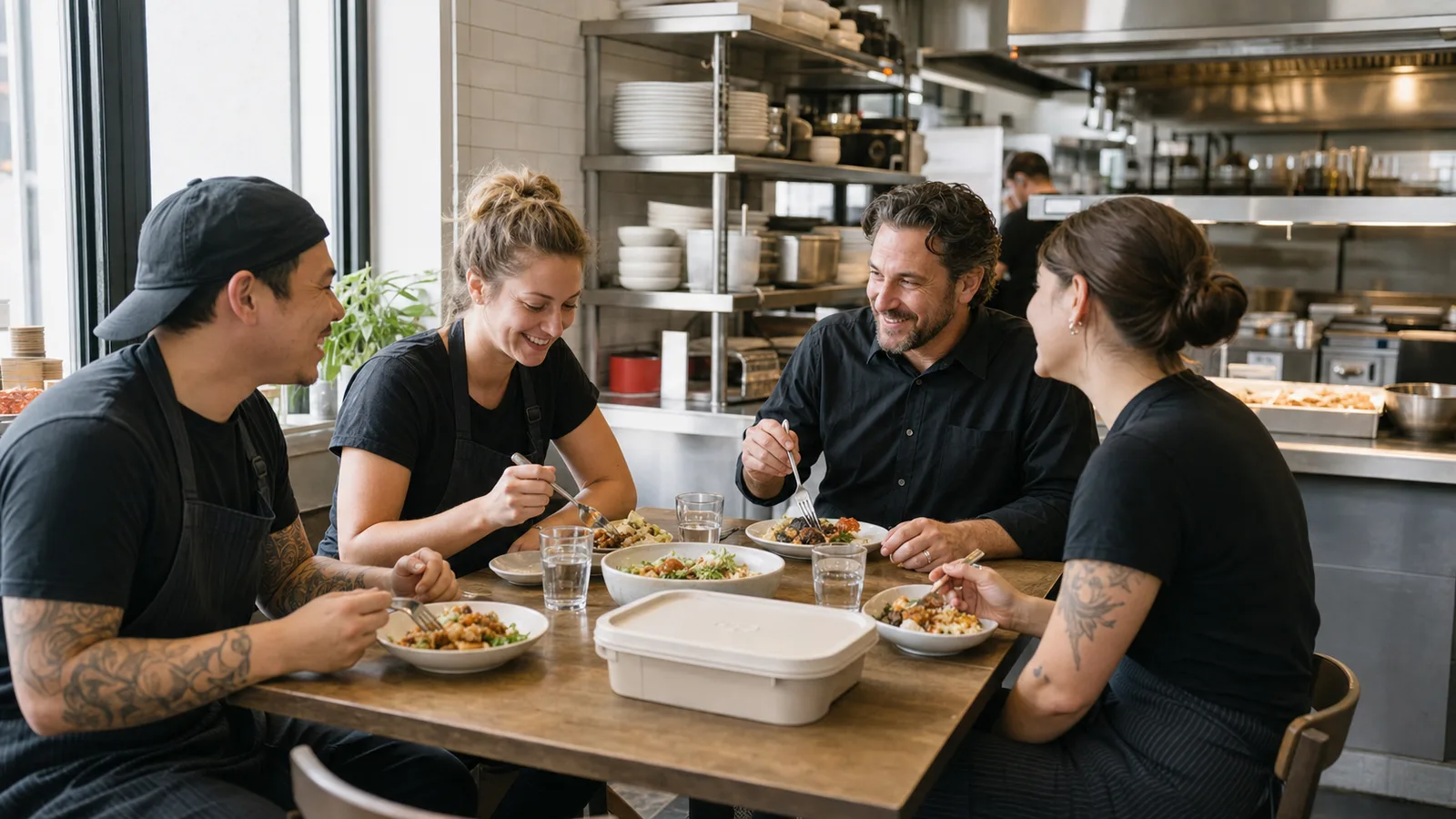 Restaurant team sharing an authorized staff meal together during a scheduled break