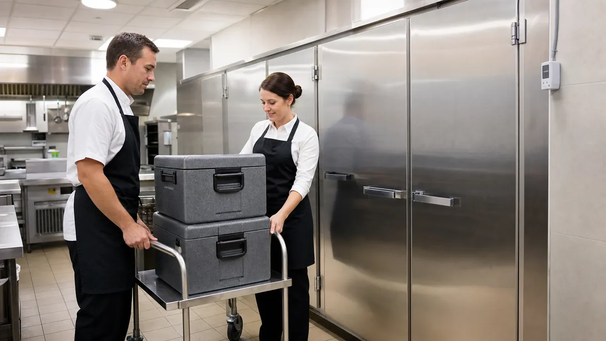Restaurant staff moving sealed insulated containers beside closed refrigeration units