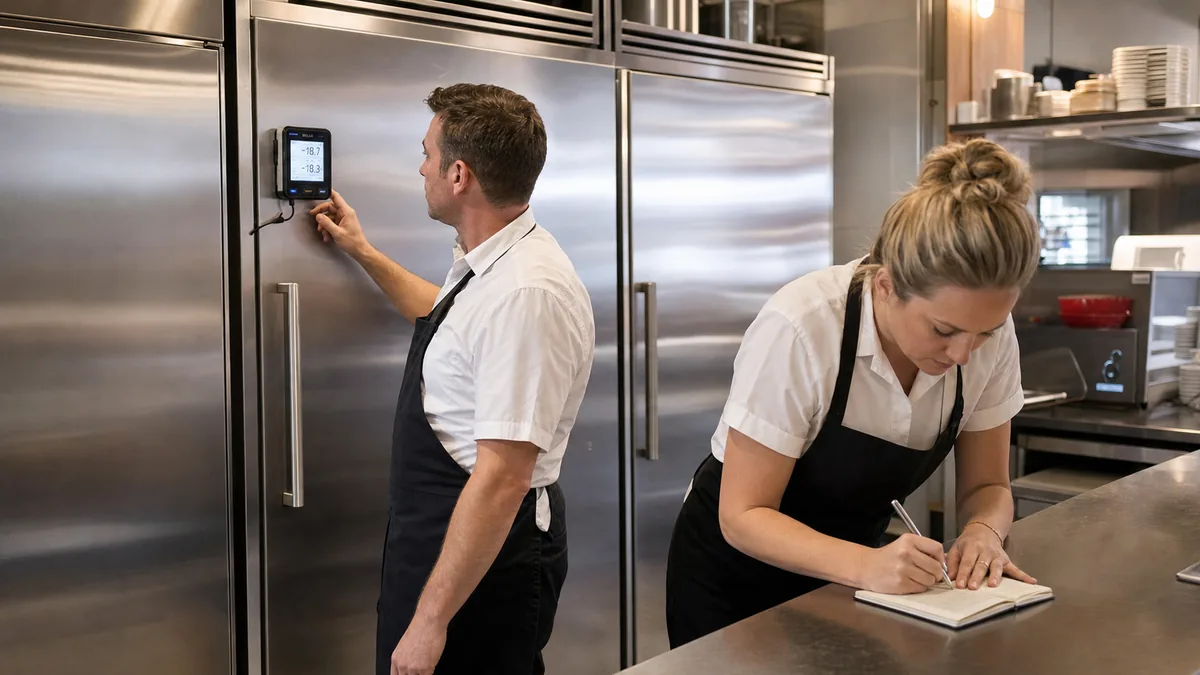 Two restaurant staff checking an external freezer monitor and writing a temperature log with all doors closed
