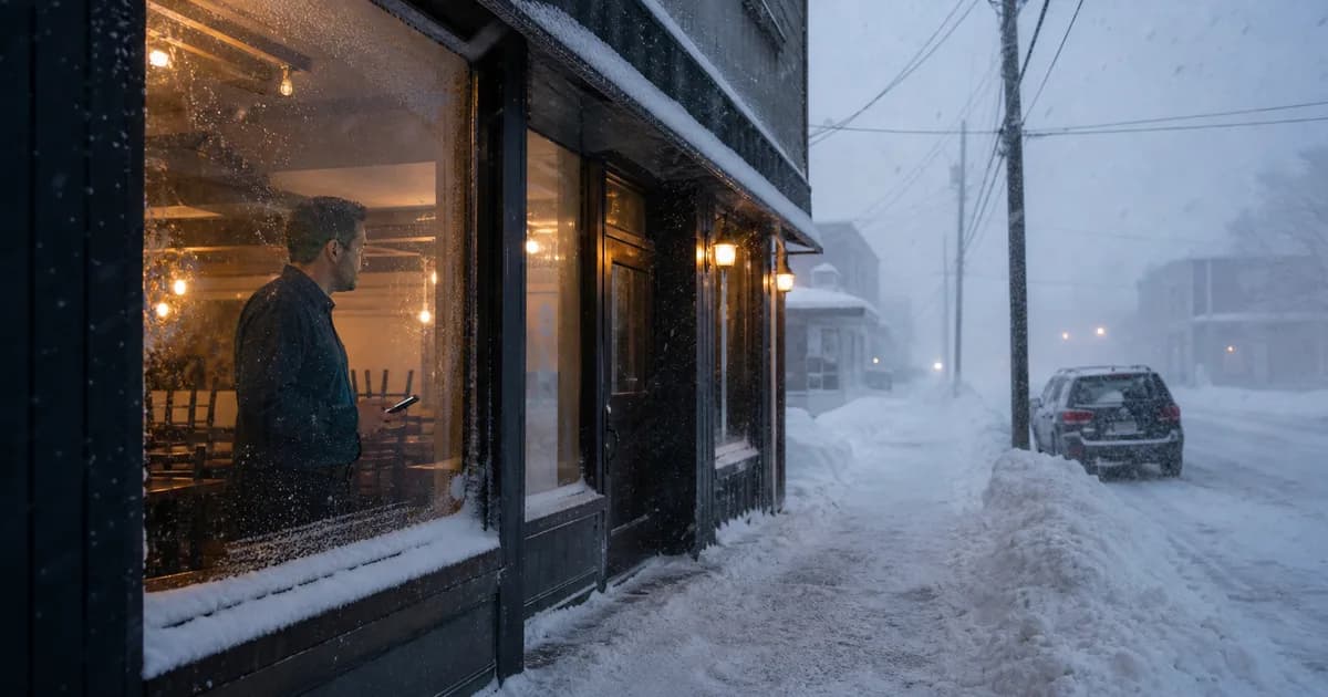 Restaurant manager assessing a snow-covered street from inside before opening