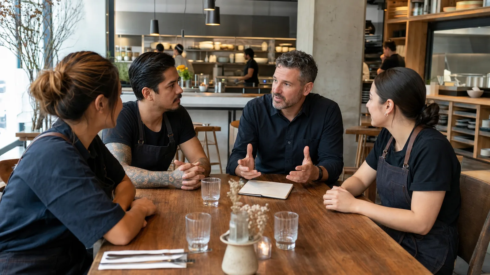 Gérant animant une courte discussion opérationnelle avec trois employés autour d’une table