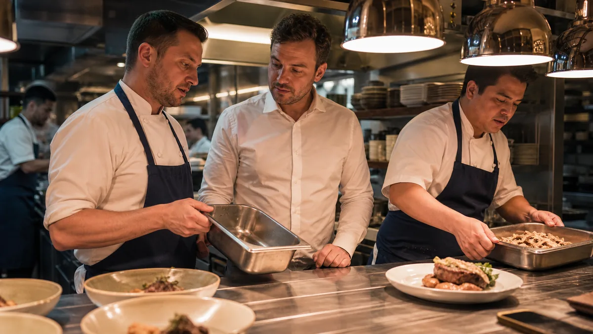 Chef showing an empty ingredient pan while a substitute is prepared during restaurant service