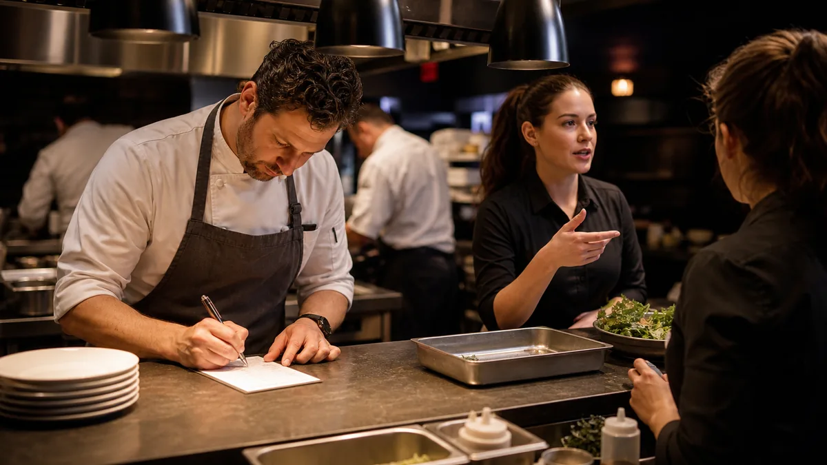 Chef updating a small service note while staff coordinate after a menu item sells out