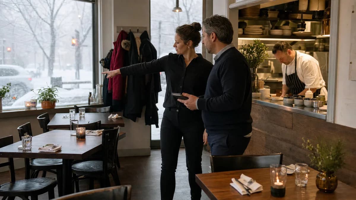 Restaurant managers reviewing the dining room and kitchen while snow falls outside