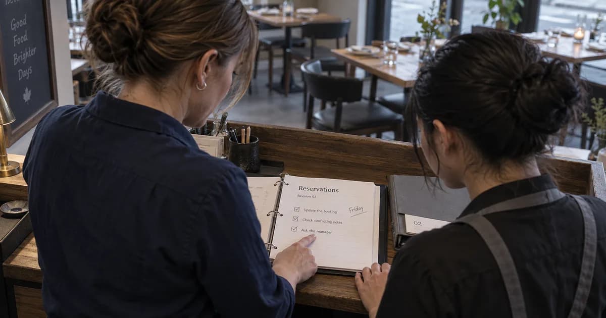 Illustrative host-desk briefing: two staff read reservation revision 03 in a binder, with the earlier copy set aside.
