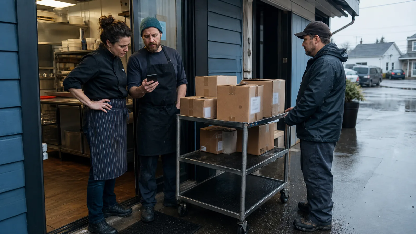Restaurant manager, kitchen lead, and delivery driver checking an incomplete delivery on a rainy morning