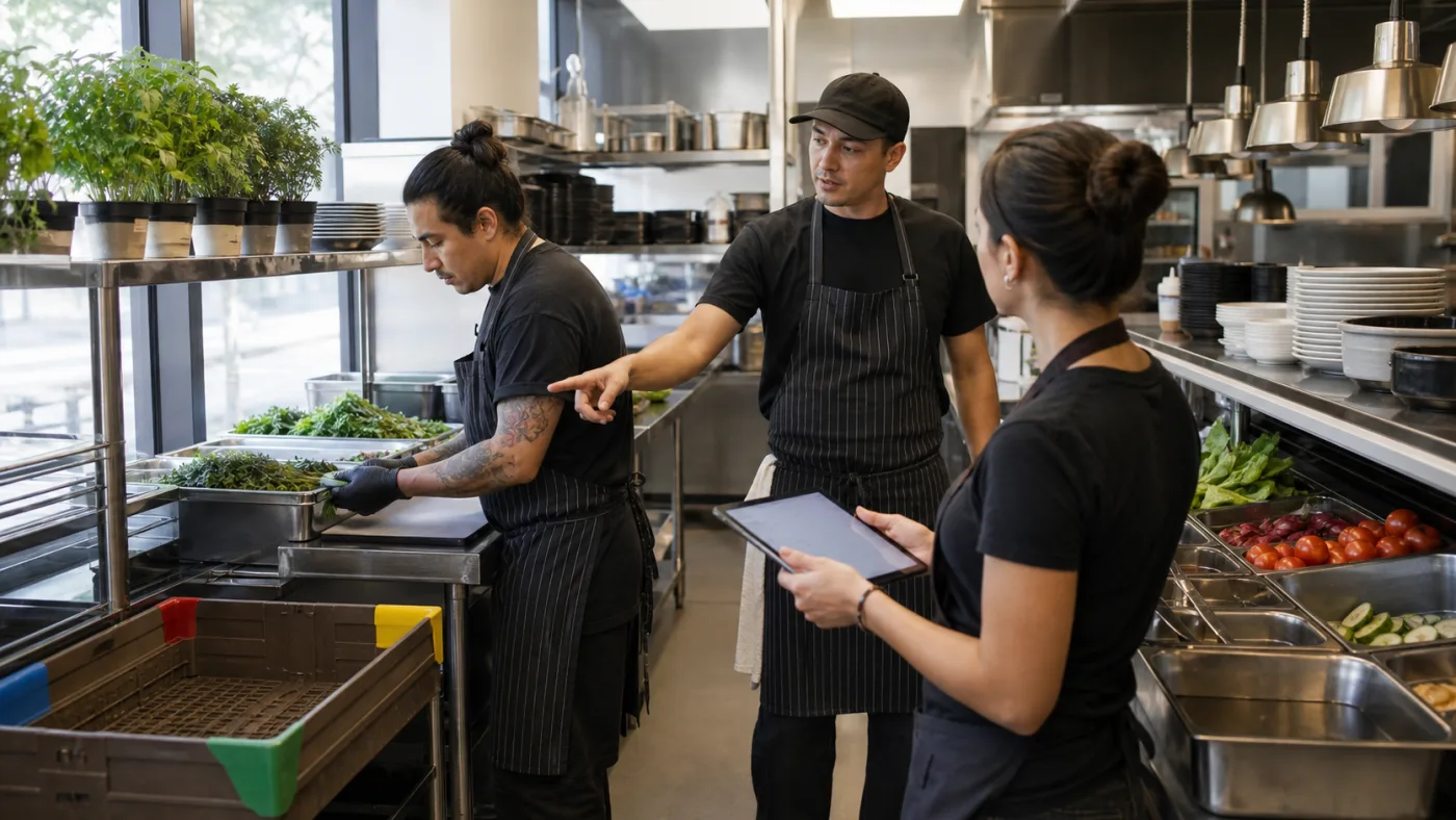 Restaurant kitchen lead reassigning prep while a floor lead updates the service plan before lunch