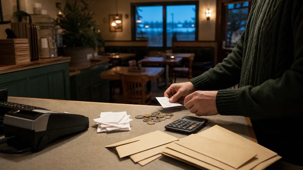 Restaurant manager reconciling employee tips after a Saskatchewan dinner shift