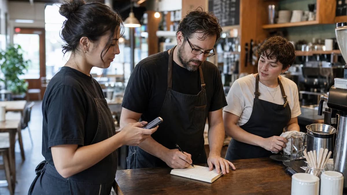 Restaurant coworkers reviewing a routine communication and schedule handoff