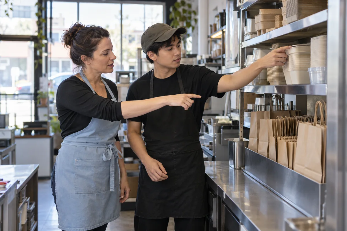 Restaurant manager explaining takeaway-station responsibilities to an employee before service