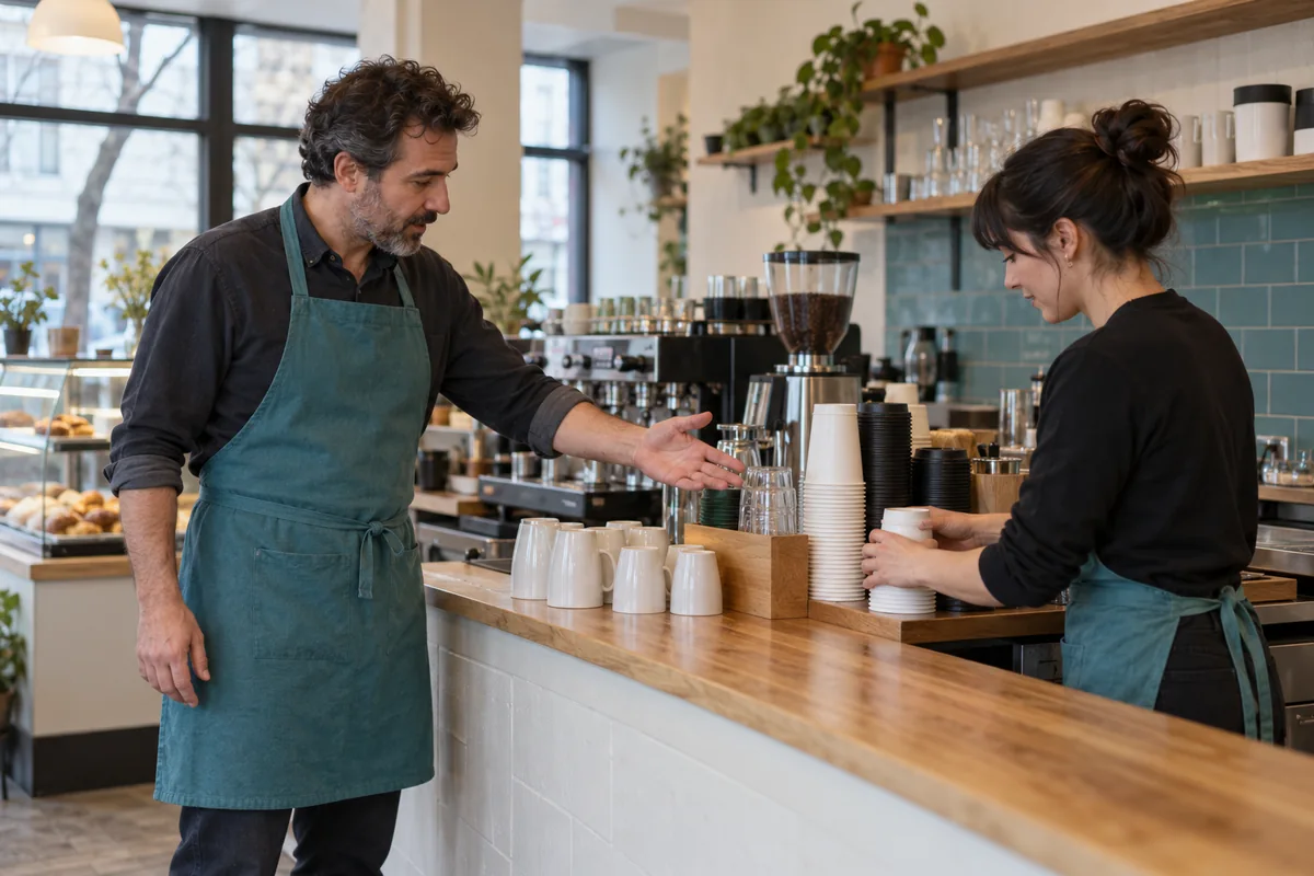 Gérant et membres du personnel discutant de la répartition du travail dans un restaurant avant le service