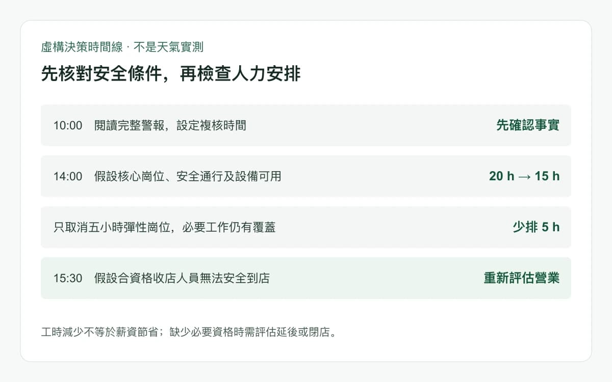 虛構晚餐崗位與 10:00、14:00、15:30 查核點的決策示意