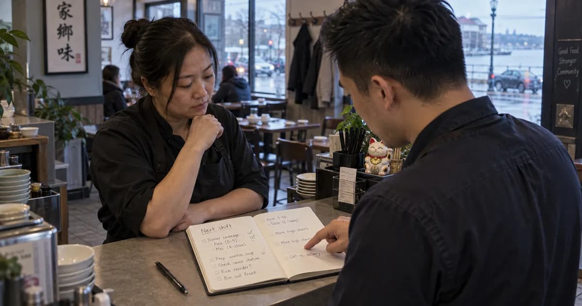 餐廳兩位主管在服務站交接,對著平放的交班本確認下一班要跟進的工作