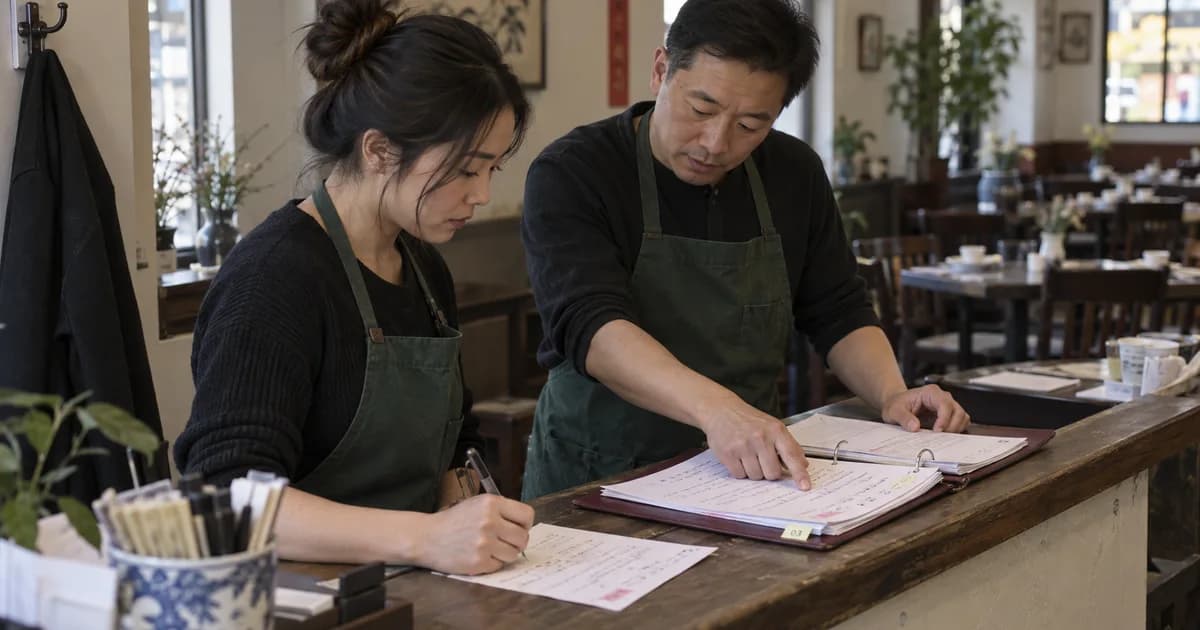 示意情境:接待櫃檯的員工一起查看平放的新版作業文件,紙面留有日常修改筆記。
